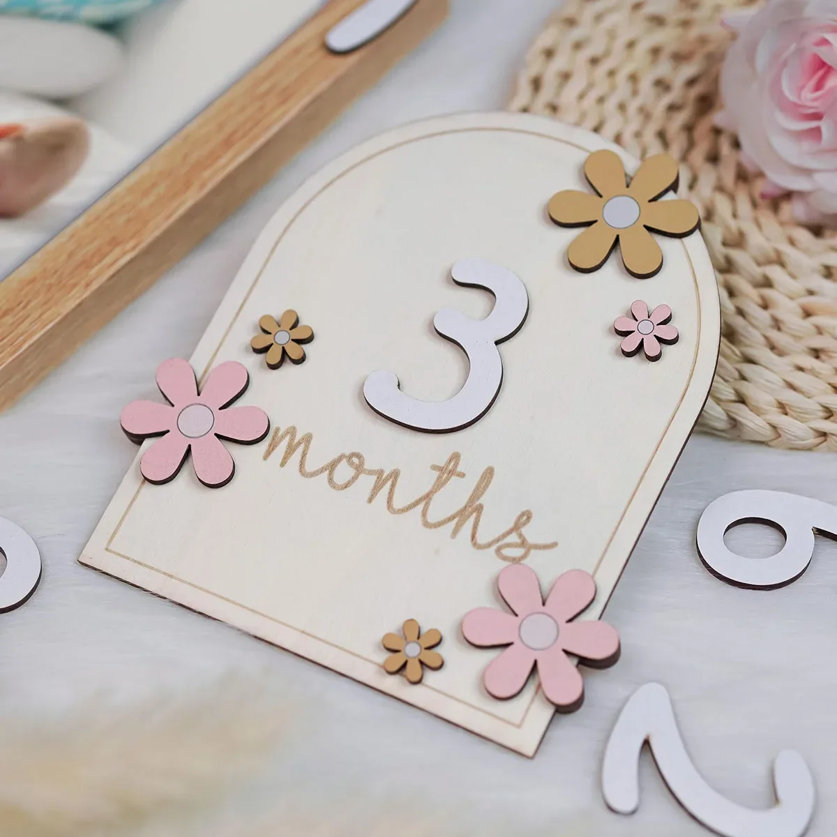 Milestone Card Set - Houten baby maandelijkse mijlpaalkaarten bloemen dubbele