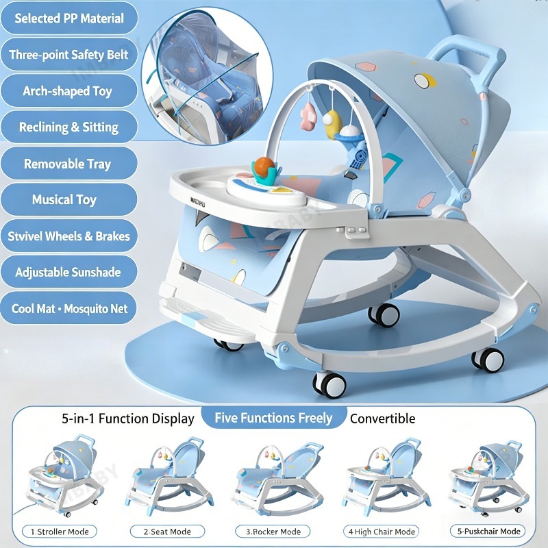 Baby Nursery Rocking Chair - 5-in-1 multifunctionele babywieg, verstelbare wiegstoel, eetstoel,