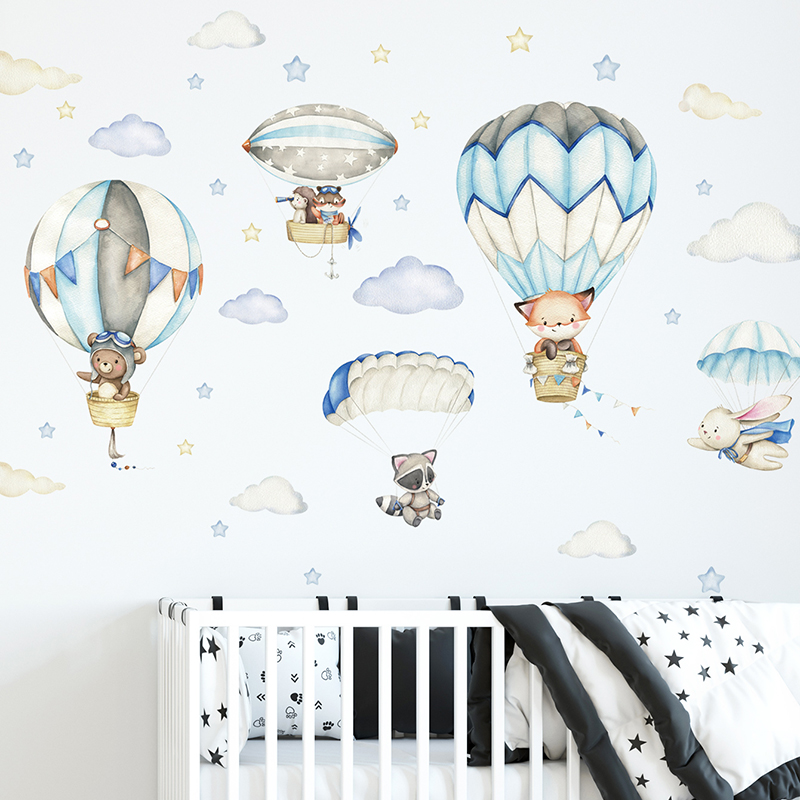 Baby Nursery Design - Cartoon Schattige Dieren Luchtballon Muurstickers voor