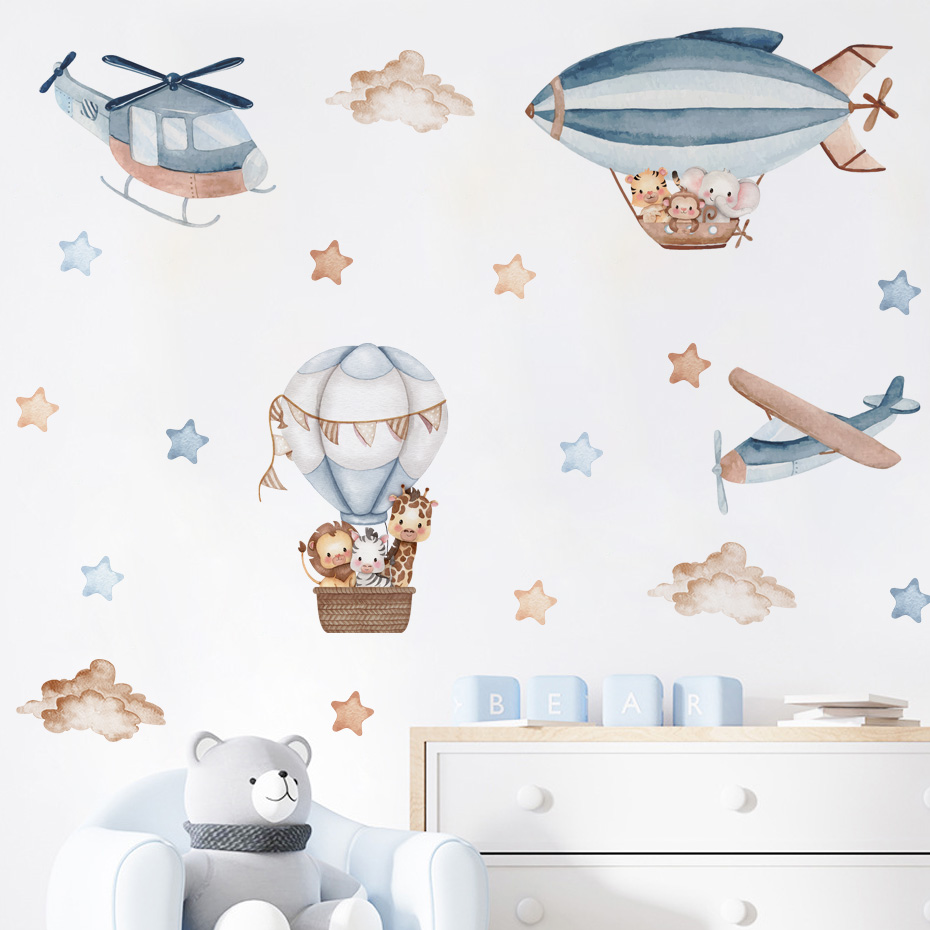 Baby Nursery Design - Aquarel Dieren Luchtballon Wolken Muurstickers voor