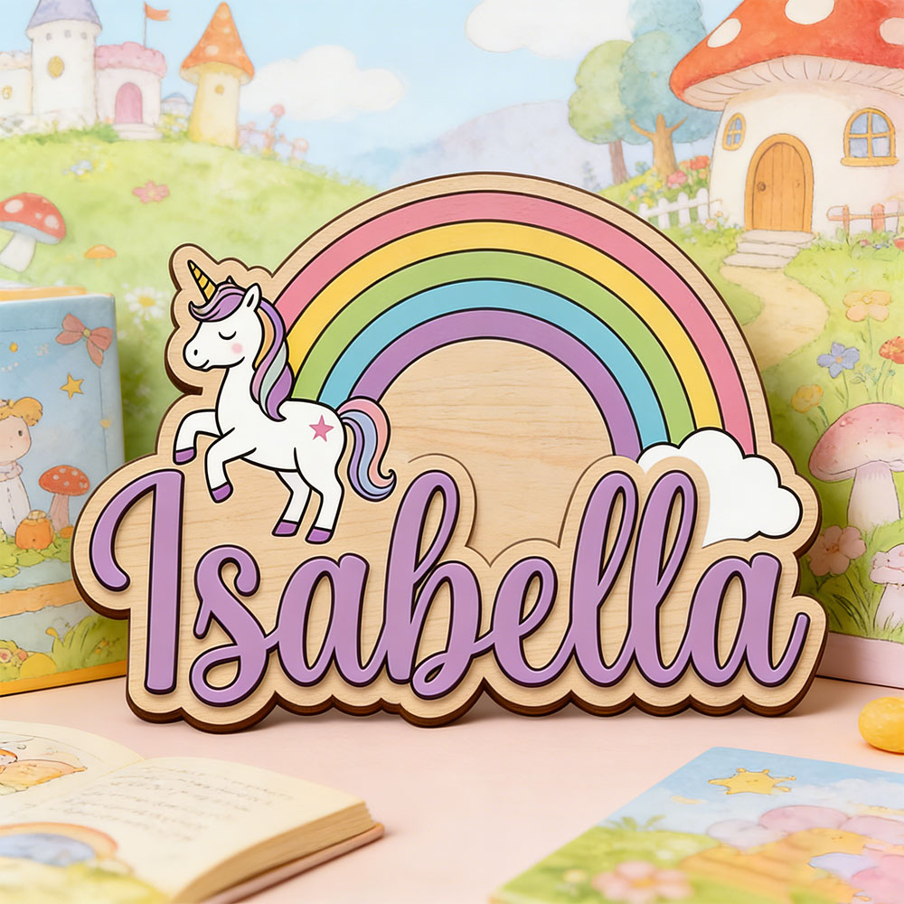 Baby Nursery Pictures - Eenhoorn & Pastel Regenboog Aangepaste Naamplaat