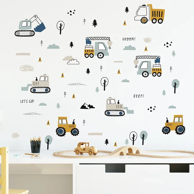 Baby Nursery Design - Handgetekende schattige auto's vrachtwagen muurstickers kinderkamer