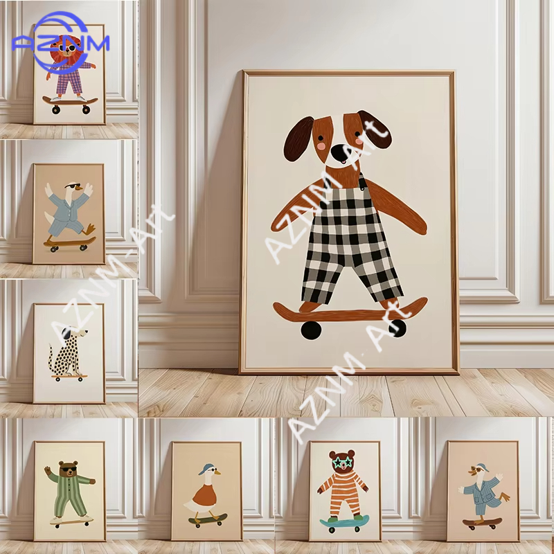 Baby Nursery Design - 1PC Grappige Dieren Skateboarden Poster Trendy