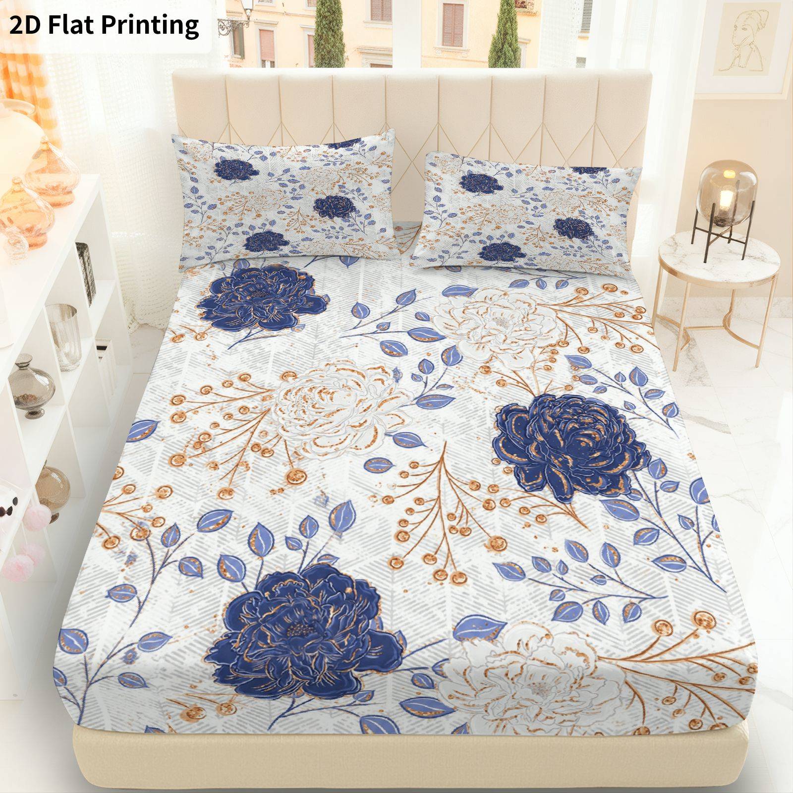Baby Nursery Bedding - Driedelige blauwe bloemen hoeslakenset, beddengoed, volledige